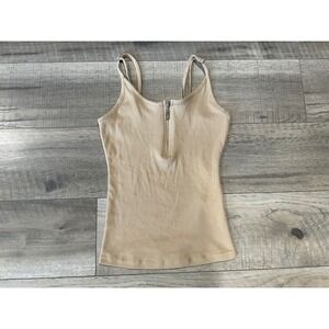GUESS Women Beige Ribbed Quarter Zip Camisole Tank Top Adjustable Straps XS